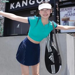 Summer Short Sleeves T-shirts for Women Korean Tennis Golf Crop Top Yoga Clothes Sportswear Fitness Gym Running Badminton Skort 240304