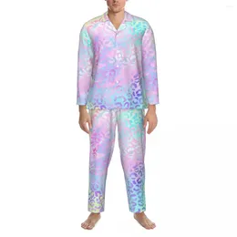 Men's Sleepwear Pyjamas Male Abstract Leopard Sleep Nightwear Rainbow Print 2 Piece Retro Set Long Sleeve Kawaii Oversize Home Suit