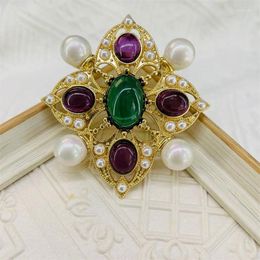 Brooches Fashion Retro Hollow Pearl Cross Coloured Glass Irregular Brooch Women Personality Exaggerated Creative All-match Jewellery