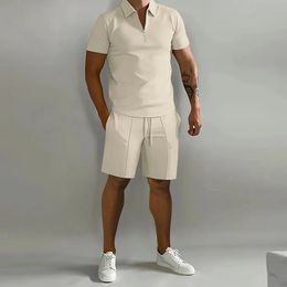 Summer casual mens two-piece short sleeved zippered polo shirt and shorts set mens Hawaii solid color two-piece set 240311