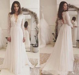 Chic Lace Long Sleeve Backless Bohemian Beach Country Wedding Gowns Deep V Neck Chiffon Boho Bridal Dress4342775