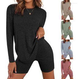 Work Dresses Ribbed Knit Solid Colour Women 2Piece Outfit Set Long Sleeve Top And Shorts