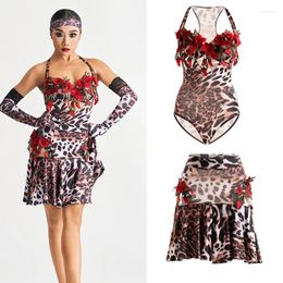 Stage Wear 2024 Leopard Print Rose Sexy Bodysuit Split Skirt Suit Chacha Rumba Tango Dress Latin Performance Costumes For Women DN17395