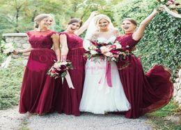 2019 New Burgundy Chiffon Bridesmaid Dresses Beads Appliques A Line Sheer Crew Neck Floor Length Maid Of Honour Wedding Guest Gown 7579124