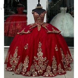 Red Princess Quinceanera Dresses Off Shoulder Puffy 3D Floral Applique Boning Corset Vestidos De 15 Quinceanera