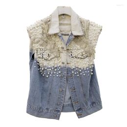 Women's Vests Korean Diamonds Beading Big Pocket Contrast Colour Denim Vest Women Loose Cowboy Waistcoat Casual Sleeveless Jeans Jacket