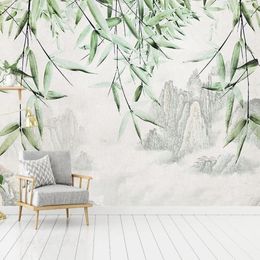 Custom Mural Wallpaper Wall Art New Chinese Style Ink Mountain Water Bamboo Study Living Room Bedroom Background Wall Painting1275D