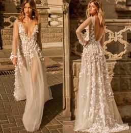 2020 Fall Berta Wedding Dress Sheer Long Sleeve Plunging V Neck Bridal Gowns Sexy Illusion 3D Applique Backless Boho Wedding Dress3477268