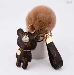 Fashion keychain Cute bear Print Pattern PU leather keychains Car Accessories Key Ring Lanyard Wallet Chain Rope set9L56