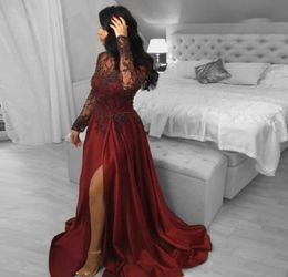 Dark Red Plus Size Evening Dress vestidos de fiesta Illusion Long Sleeve Beading Lace Leg Slit Prom Party Gowns Formal Dresses3936610