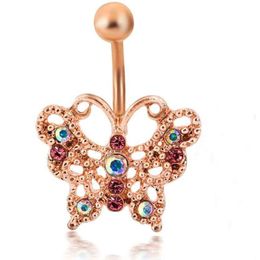 Navel & Bell Button Rings Top Quality Dangle Belly Button Ring Rose Gold Bar Body Jewelry Butterfly Navel Piercing For Y Women Luxury Dhune