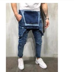 Fashion Loose Men's Suspenders Jumpsuit Denim Overalls Street Man Straight Hole Pants Male