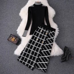 Elegant Women Autumn Winter Clothing Set Turtleneck Knitted Sweaters Tops And Cut Plaid Skirts Suit Office Ladies Sets 240229