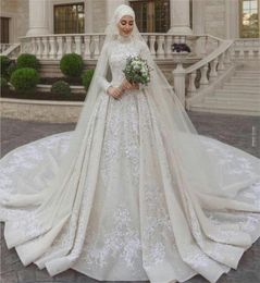 Luxury Muslim Wedding Dresses High Neck Lace Long Sleeves Sequins Beads Appliqued Wedding Dress With Veil Custom Made Vestidos De 5868281