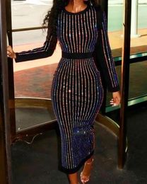 Sequin Round Neck Women Dress Striped Solid Splice Party Tight High Waist Casual Sexy Hip Wrap Long Sheath Dresses240311