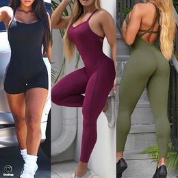 Backless Sports Woman Lycra Fitness Overalls Jumpsuit Shorts Sport Outfit Gym Workout Clothes for Women Sportwear240311