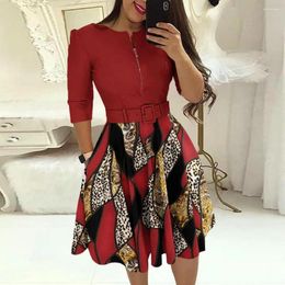 Casual Dresses Womens 2024 Summer Fashion Geometric Print Colorblock Zipper Pocket Design Round Neck Daily Midi Dress With Belt