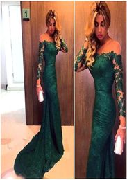 2019 Sexy New Emerald Green Long Sleeves Lace Mermaid Evening Dresses Illusion Mesh Top Sweep Long Prom Evening Gowns Cheap1524353