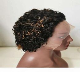 Coloured 1B 27 Pixie Cut Curly Glueless Human Hair Lace Front Wigs For Black Women 13x4 Honey Blonde Highlight Brazilian Remy Short9543004