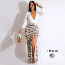 Casual Dresses 2024 Comfort And Women's Fashion Sexy V-neck Printed Slim-Fit Hip Dress Split Pleating Rope Long