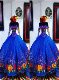 2022 Vintage Royal Blue Mexican Sweet 16 Dresses Charro Flower Embroidered Satin Off The Shoulder Quinceanera Dress Illusion Long 5548978