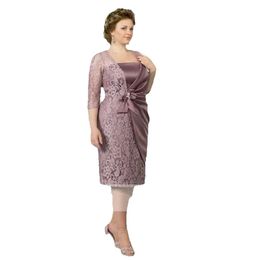 Bride Of Straight Mother Elegant The Purple Dusty Knee Length Lace Satin Guest Wedding Party Gowns Plus Size Short Groom Mothers Formal GG s