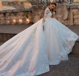 Vintage Lace Ball Gown Wedding Dresses 2021 Illusion Bodice Sheer Long Sleeve Backless Princess Dress Jewel Neck Bride Gowns5987131