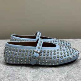 loafers ballet flats designer shoe sandal out mesh sandal round head rhinestone rivet buckle Mary Genuine leather Jane Women ballet flats sandals flat dress loafer