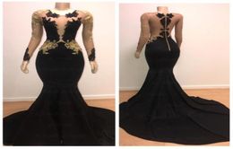African Black Gold Mermaid Prom Dresses Long Sleeves Zipper Back Appliques Beads Sweep Train See Through Evening Party Gowns Custo8001747