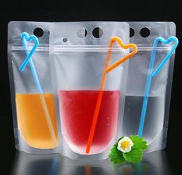 500PCS Disposable Juice Coffee Liquid Bag Kitchen Vertical Zipper Seal Drink Bag Clear Drink Pouches With Straw Party Tableware FY5842682