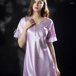 Women's Sleepwear Pyjama Dress Women Summer Silk Medium Sleeve Thin Nightgown Lace Sweet Sexy Loose Casual Sleepshirt Oversize Famale Home