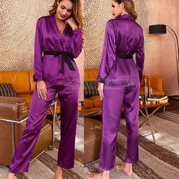 Women's Sleepwear 2PCS PJS Set Women Outfits Lapel With Trousers Satin Pyjamas Pour Femme Summer V-Neck Nightgown Home Clothes