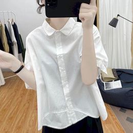 Women's Blouses Shirts For Women Vintage Short Sleeve Solid Irregular Polo-neck Casual Single Breasted Korean Style One-piece Blouse Tops