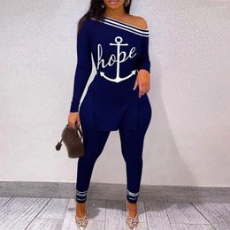 Women's Two Piece Pants POFGD 2024 Fashion Casual Street Style Women Suit Long Sleeve One Shoulder Top Elastic Printed Lady Set