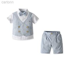 Clothing Sets Two-Pieces Set Boys Gentleman Style Clothing Sets Summer Kids Short Sleeve Shirt With Bowtie+Shorts Children Casual Suit Boy Outfits ldd240311