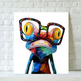 Pop Art Hand Painted Cartoon Animal Canvas Oil Painting Living Room Home Decoration Modern Paintings-Wearing Glasses Frog Framed A211j