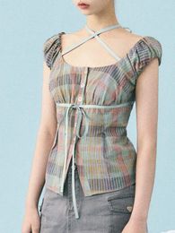 Women's Blouses Y2K Vintage Plaid Top Cute Retro Aesthetics Bustier Corset Tops Summer Short Sleeveless Tie Up Shirts