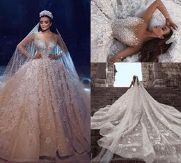 Luxury Ball Gown Wedding Dresses Sheer Neck Long Sleeves Beading Flowers Tulle Saudi Arabic DuBai Bridal Dresses Cathedral Train6726287