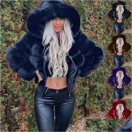 Women'S Fur & Faux Fur Womens Fur Luxury Faux Coat Women Short Winter Jacket With Big Hood Thick Warm Overcoat Zipper Fashion Flurry F Dhdan