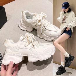 Men Women Chunky Sneakers Casual Shoes Platform Round Toe Thick Sole Lace-Up Ladies Trainers Black White Genuine Leather Synthetic Patchwork Ladies Autumn BB042