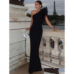 Basic & Casual Dresses Casual Dresses Elegant Party Dress Women Fall Winter Sleeveless Skew-Collar Feather Evening Year Female Long W Dhh2M