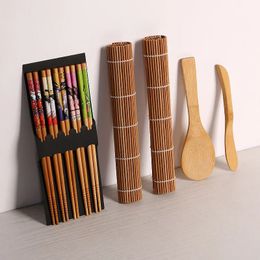 Bamboo Sushi Maker Tool Set Compact Roll Making Seaweed Rice Ball Bento Chopsticks Spoon Blade Curtain 240304