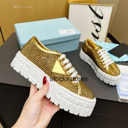 Plate-forme pra Shoe Designer Casual Lace Satin Fashion Leather Sneakers up With Crystals Sneaker Luxury Platform Prads Shoes Print Training FDS Shoe