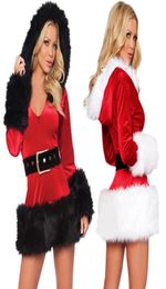 New Lady Hooded Dress Fur Lingerie Costumes Sexy Performance Christmas Winter Clothing White Red Dresses For Women8181616