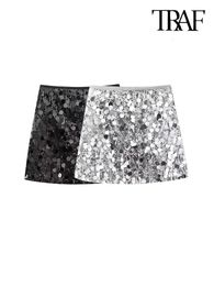 TRAF-Sequined Mini Skirt for Women High Waist with Elastic Waistband Female Skirts Fashion 240228