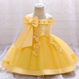 Bow Summer Dresses Infant Baby Girl Birthday Party Dress Lace Flower born Princess Clothes Toddler Baby Girls Wedding Gown 240226