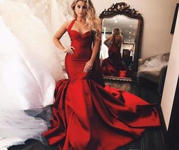 Dark Red Halter Neck Evening Dresses 2019 Saudi Arabia Dubai Mermaid Sleeveless Holiday Wear Formal Party Prom Gowns Plus Size3062296