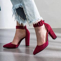 Dress Shoes 2024 Women Pumps Fashion Party Wedding Super Square High Heel Pointed Toe Red Wine Ladies Size 34-43