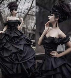 Tradition Black Gothic Wedding Dresses Victorian Punk Ball Gown Wedding Dresses Off The Shoulder Tie Up Satin Princess Bride Gowns9912469