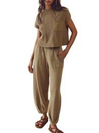 Stylish Women s Summer Tracksuit and Knit Two Piece Outfit with Cap Sleeves - Perfect for Casual Ocns in 240311